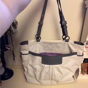 Coach White and Gray Tote Bag with Purple Lining, Silver Hardware